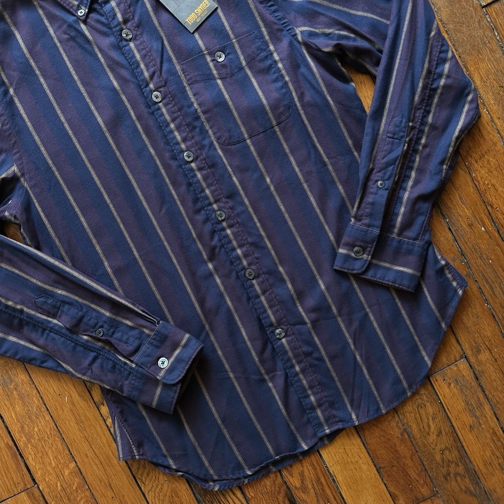 NWT Todd Snyder Stripe Buttonn Down Flannel Shirt Men Small‎ Navy Plum Preppy - Picture 3 of 9
